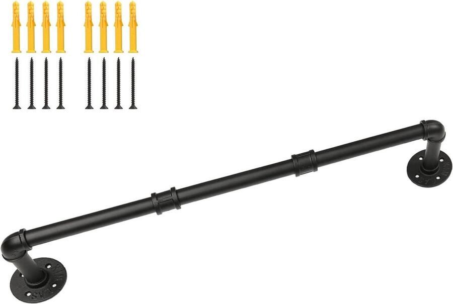 Industriële pijp kledingrek 74 cm wand plafond gemonteerd zwarte ijzeren kledingstang zware metalen hangstang detailhandel kastopslag wasorganisatie kapstok hangend met plank
