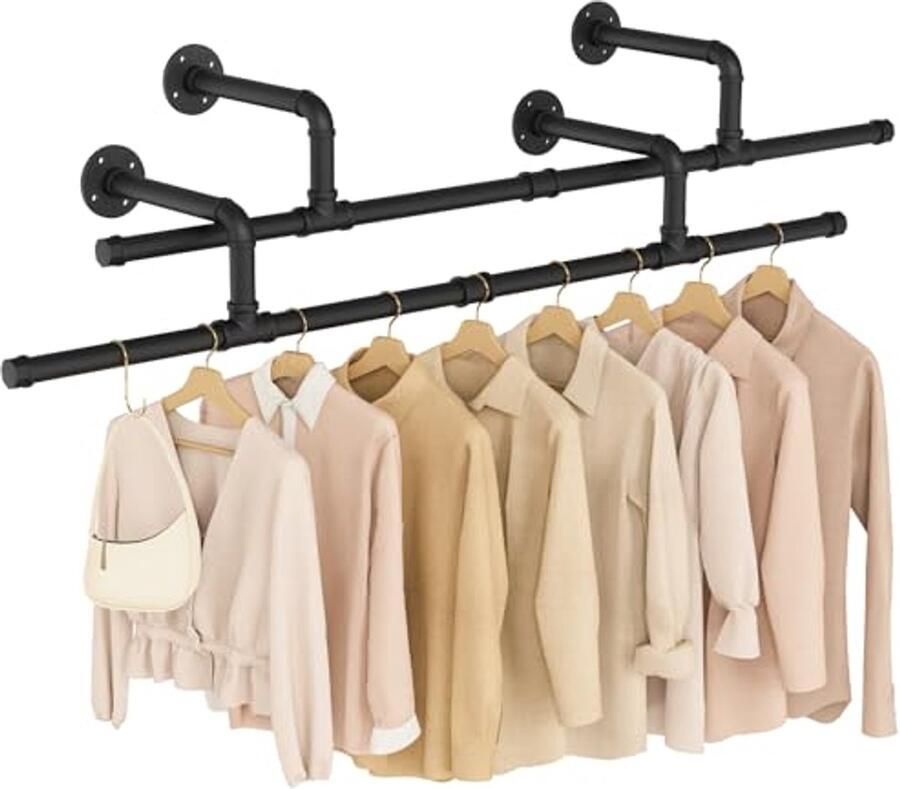 IndustriëLe Pijp Kledingrek Wandmontage Ruimtebesparend 121 cm 2-Pack Zwart