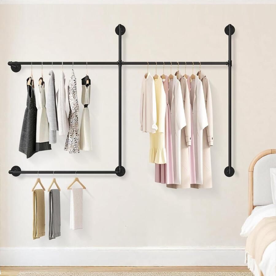 Industriële Pijp Kledingrek Zware Wandmontage Kledingrek Afneembare Multifunctionele Kledinghanger met 6 Haakjes 3 Hangstangen
