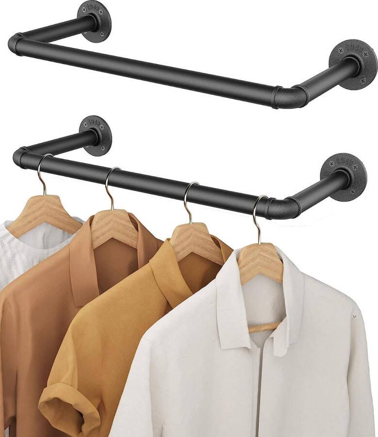 Industriële pijp kledingstang set van 2 49 cm wandgemonteerd en afneembaar retro metalen kledingstang (twee onderstellen)