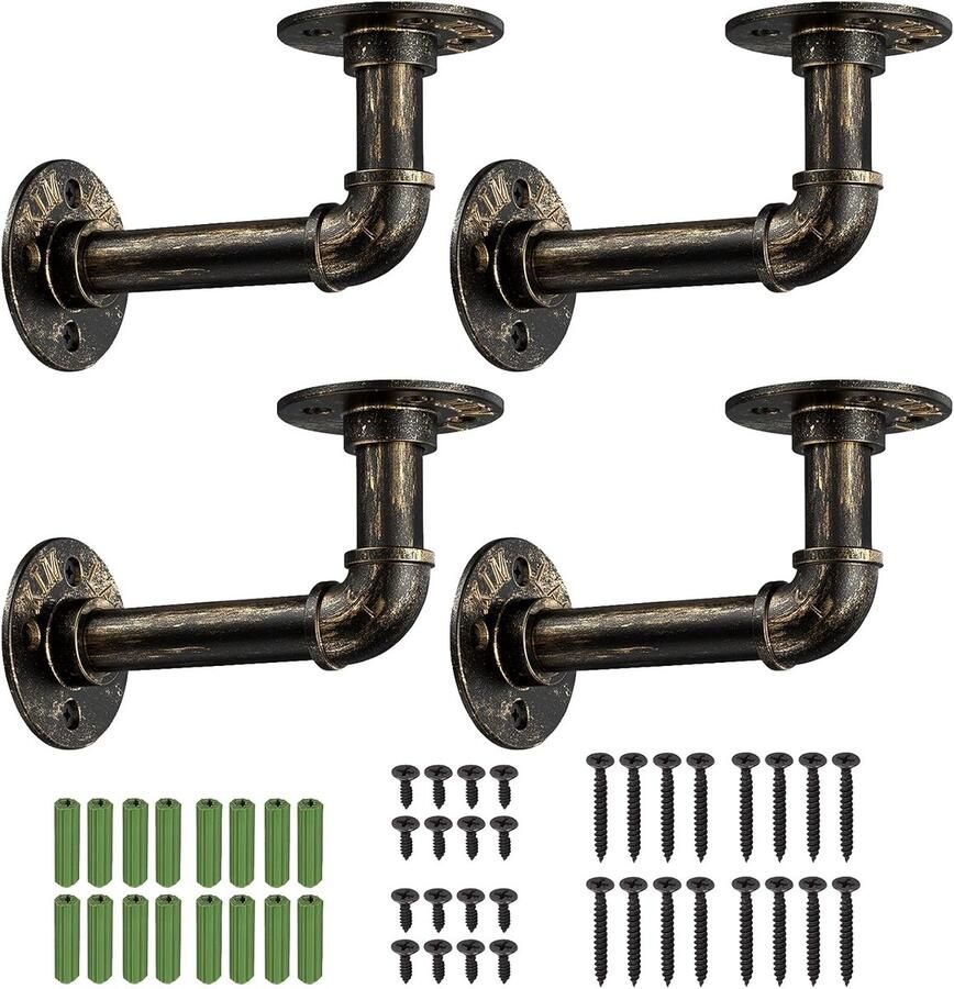 Industriële Pijp Plank Beugels Vintage Wandmontage 4 Stuks Zwart Staal