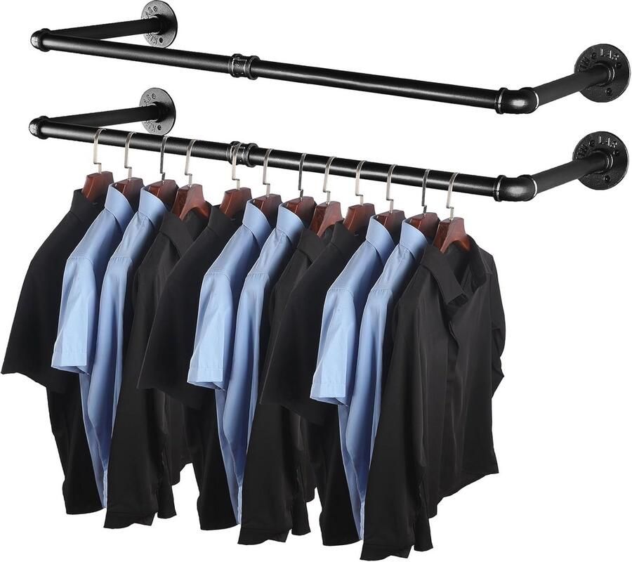 Industriële Pijpstijl Kledingrek 2-Pack Zwart Heavy Duty Wandmontage 87 6 cm