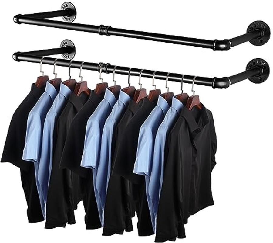 Industriële pijpstijl kledingrek 2-pack Zwart Heavy duty wandmontage