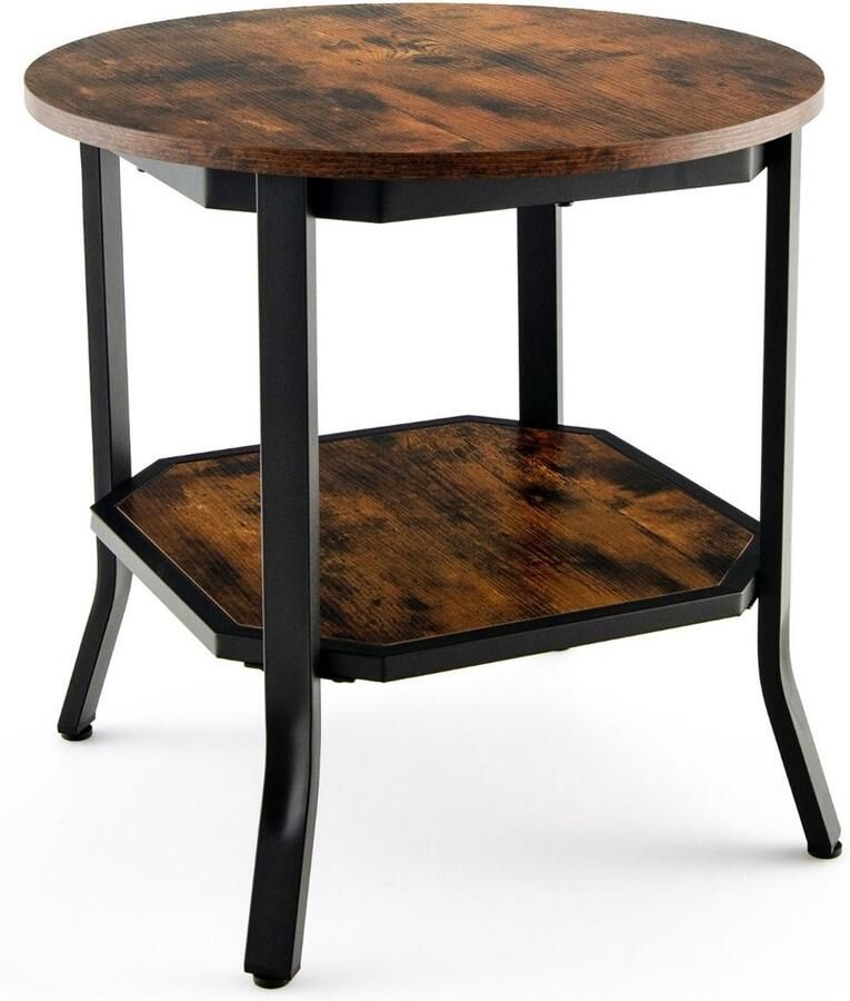 Industriële salontafel – 2 niveaus ronde bijzettafel met verstelbare poten voor woonkamer slaapkamer of kantoor