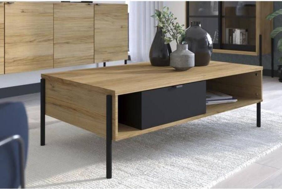 Industriële salontafel MEMPHIS 1 lade en 2 nissen eiken en zwart L 119.7 cm x H 39.4 cm x D 66.9 cm