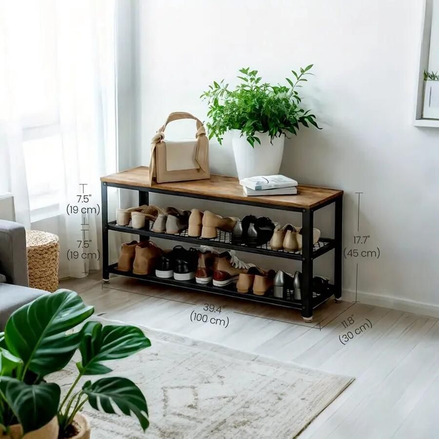 Industriële Schoenenbank – Schoenenrek – Halbank met Zitvlak – Hout & Metaal – 2 Lagen – 99x30x48cm
