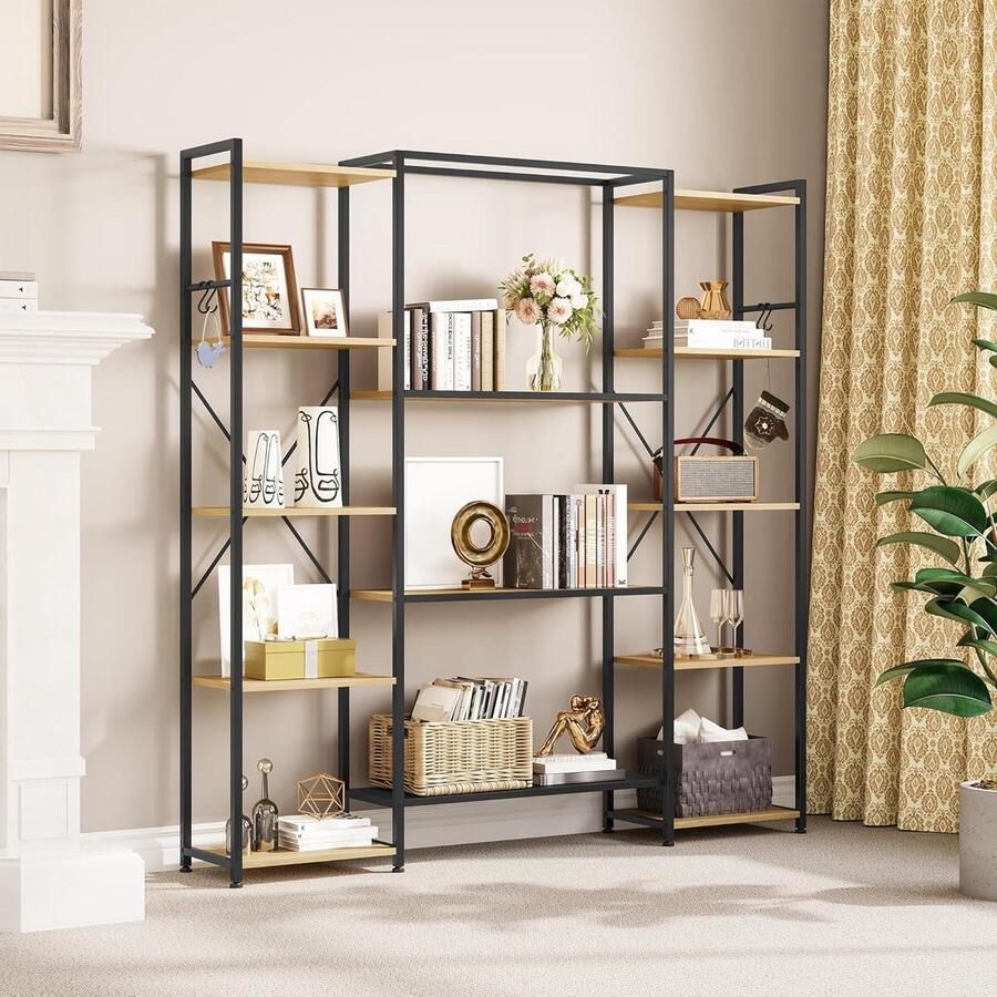 Industriële Boekenkast met 13 Planken Staande Houten Plank en Metalen Frame Boekenrek voor Woonkamer en Thuiskantoor Eikenkleurige Boekenplank