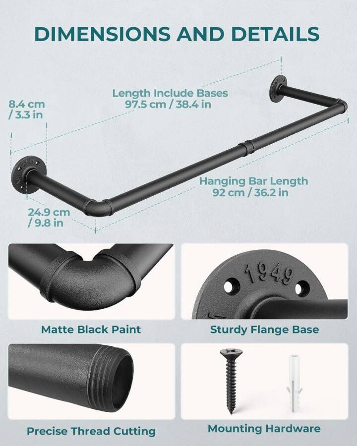 Industriële stijl buiskledingrek aan de muur bevestigde afneembare retro metalen kledingstangen hangende rail (twee basen)