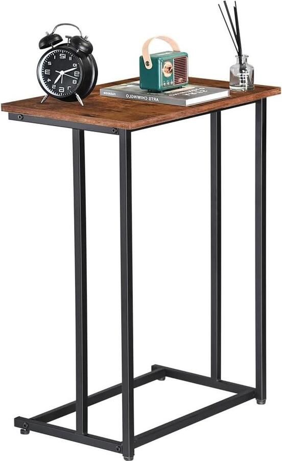 Industriële stijl C-vormige bijzettafel mobiele snacktafel voor koffie laptop tablet met metalen frame en opbergplank woonkamer slaapkamer kantoor rustiek bruin