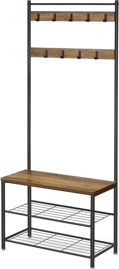 Coat rack entrance furniture with sofa and shoe rack hooks metal frame industrial style nut brown and black height 175 cm halmeubel met kapstok
