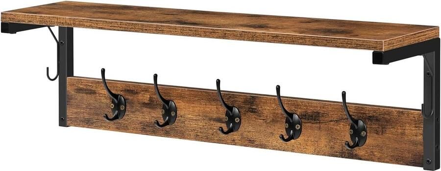 Industriële Stijl Vintage Wandkapstok Haak Legplank 7 Haken Wandgarderobe Slaapkamer Bruin Zwart