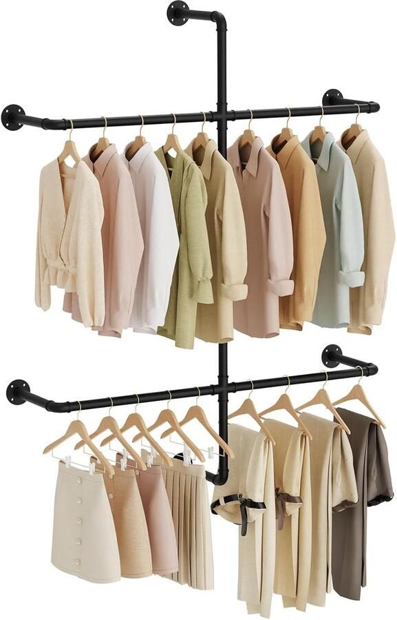 Industriële Wandgarderobe met Legplank en Metalen Buizen Ruimtebesparende Kapstok voor Jassen en Kleding