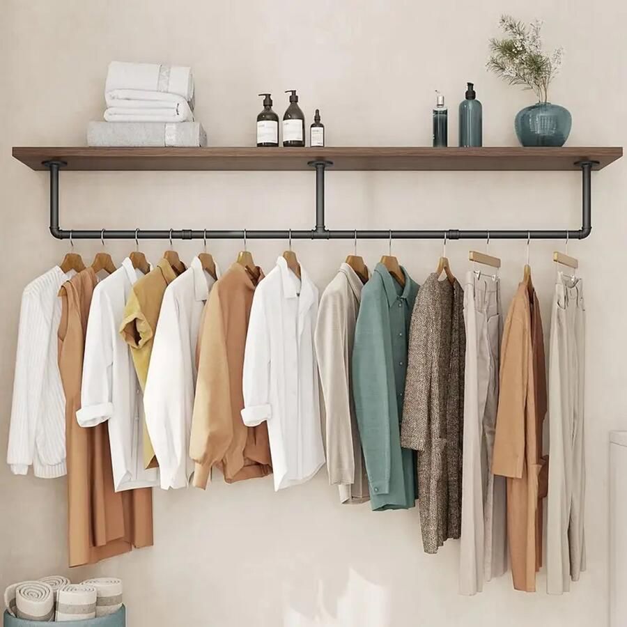 Industriële Wandgemonteerde Kledingrek – Goud – 180 cm Pijpref – Verwijderbare Metalen Rail voor Hal Woonkamer & Slaapkamer