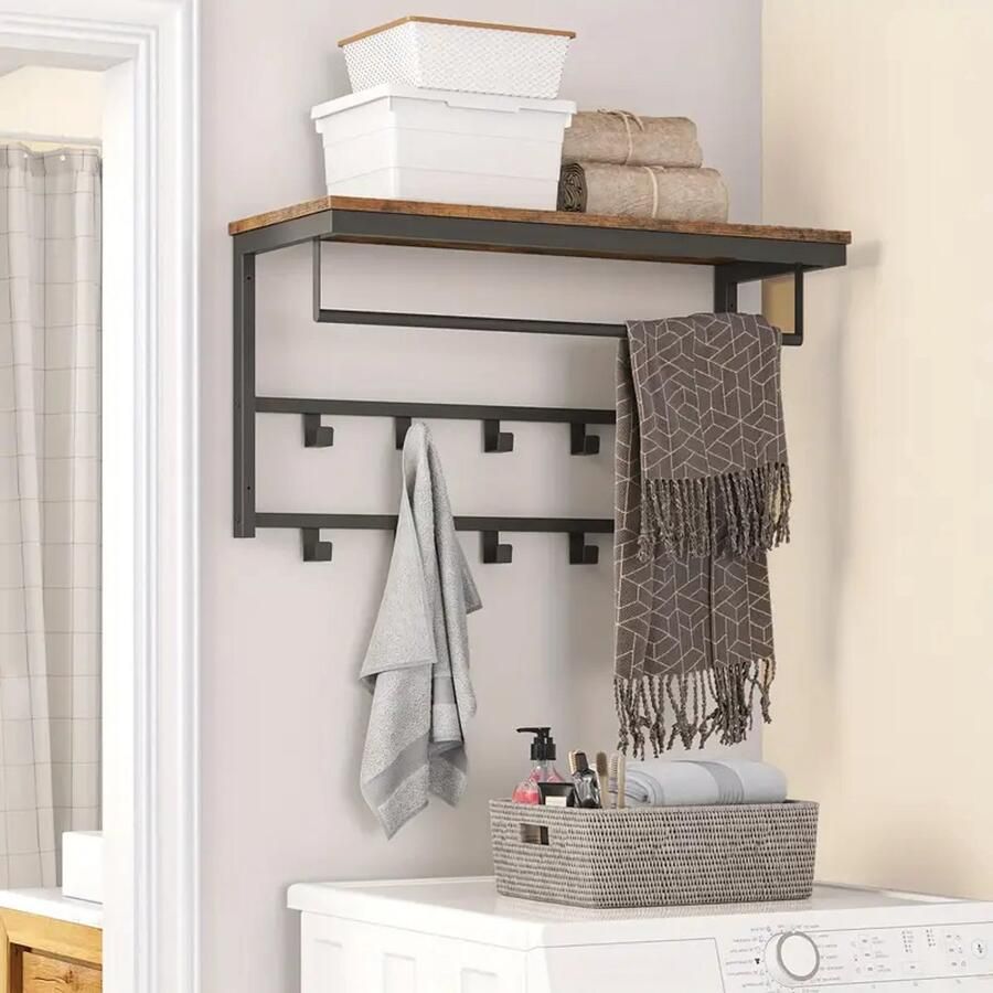 Industriële Wandkapstok met Plank 10 Haken & Stang – 80×30×42 cm – Voor Hal Woonkamer Slaapkamer & Badkamer