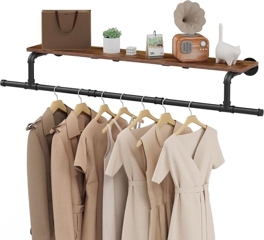 Industriële wandkapstok met plank kledingrek van metaal wandmontage ruimtebesparend zwart 130 x 26 x 15 cm