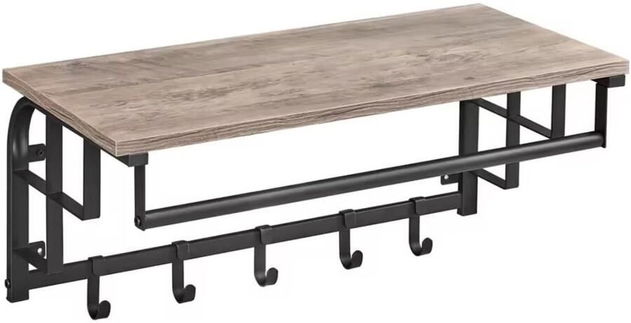 Industriële Wandkapstok met Plank – Metaal & Hout – 3-in-1 Design – Wandrek met 5 Haken en Hangstang – Wandgarderobe voor Hal Slaapkamer of Badkamer