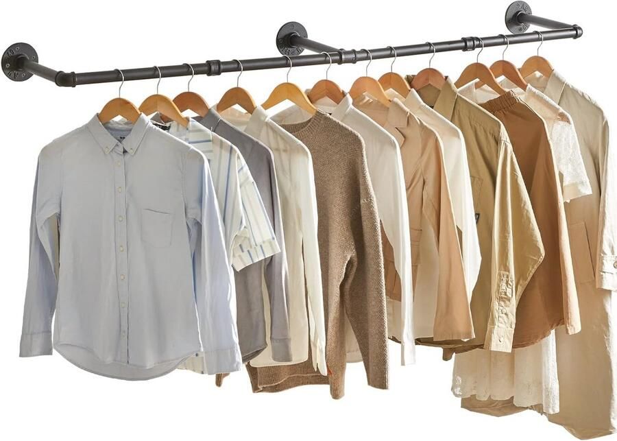 70 Inch Wandgemonteerd Kledingrek met Industriële Pijp Design Stevig en Ruimtebesparend voor Slaapkamer Woonkamer en Wasruimte