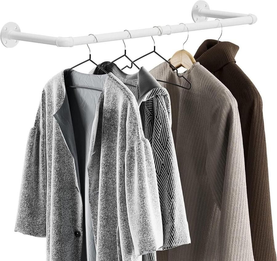 Industriële wandmontage pijp kledingrek zwaar belastbaar ruimtebesparend afneembare hangstang 36 inch wit kledingrek