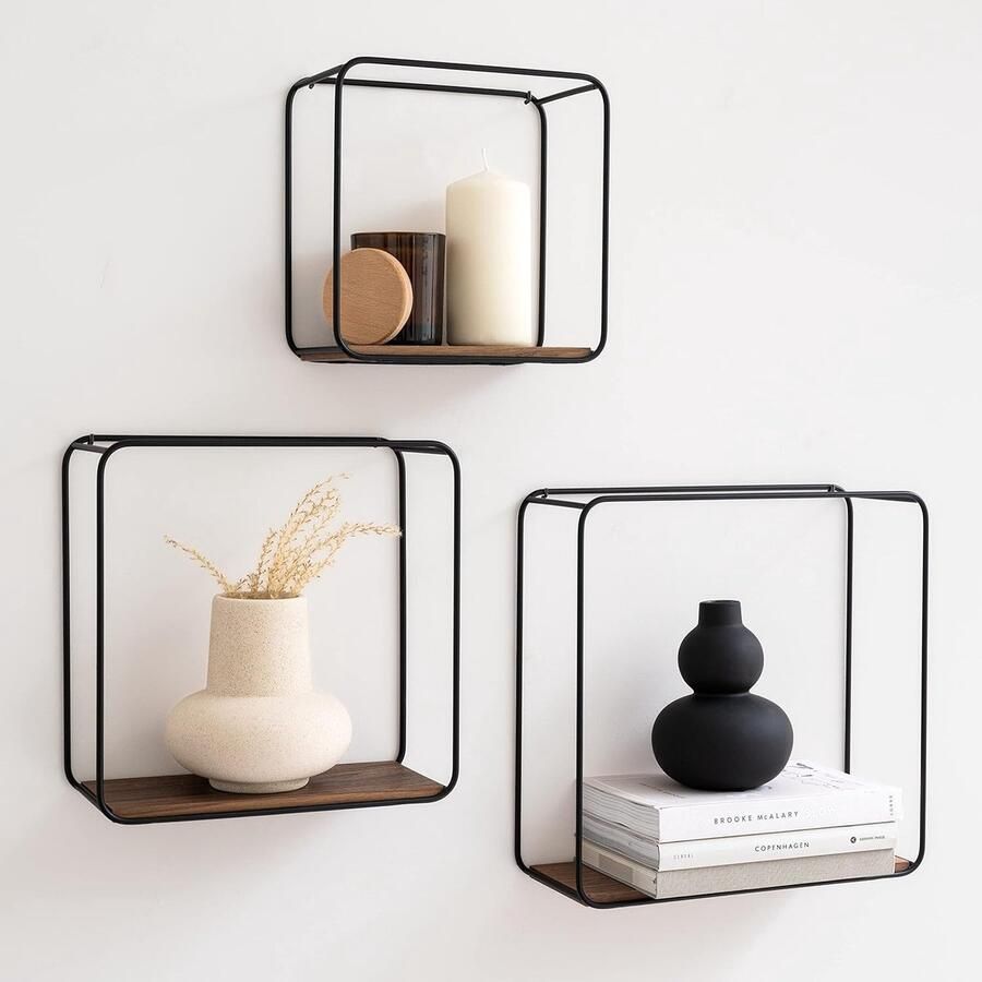 Famanu Wandplanken -Jona- 3-Delige Plankenunit Gemaakt van Metaal en Echt Houtfineer Wanddecoratie Opslag en Boekenplank voor Badkamer Woonkamer Keuken Slaapkamer en Meer Walnoot