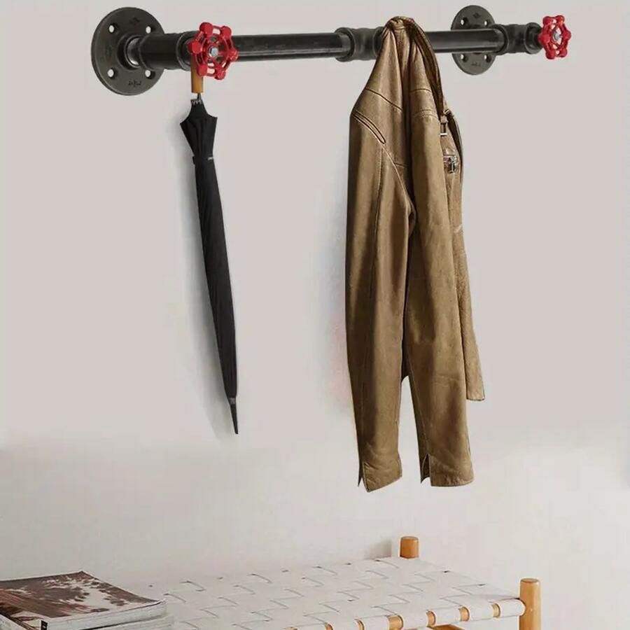 Industriële Waterpijp Haak Zware IJzeren Wandgemonteerde Kapstok met Gepolijste Zwarte & Rode Accenten Hedendaags Ruimtebesparend Ontwerp voor Thuis Café Winkel Multifunctionele Decoratieve Opberging voor Jassen Handdoeken Tassen Paraplu's