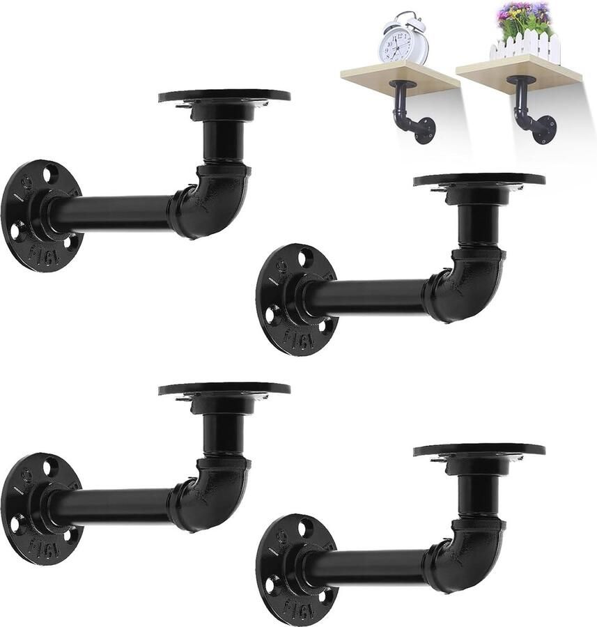 Luvetrex Industriële Zwarte Metalen Wandplank Beugels Set van 4 met Bevestigingsmateriaal