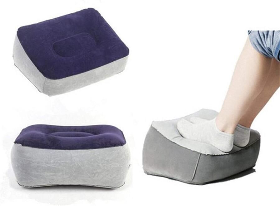 Inflatable Travel Footrest Cushion Soft Flocking Material Gray Blue