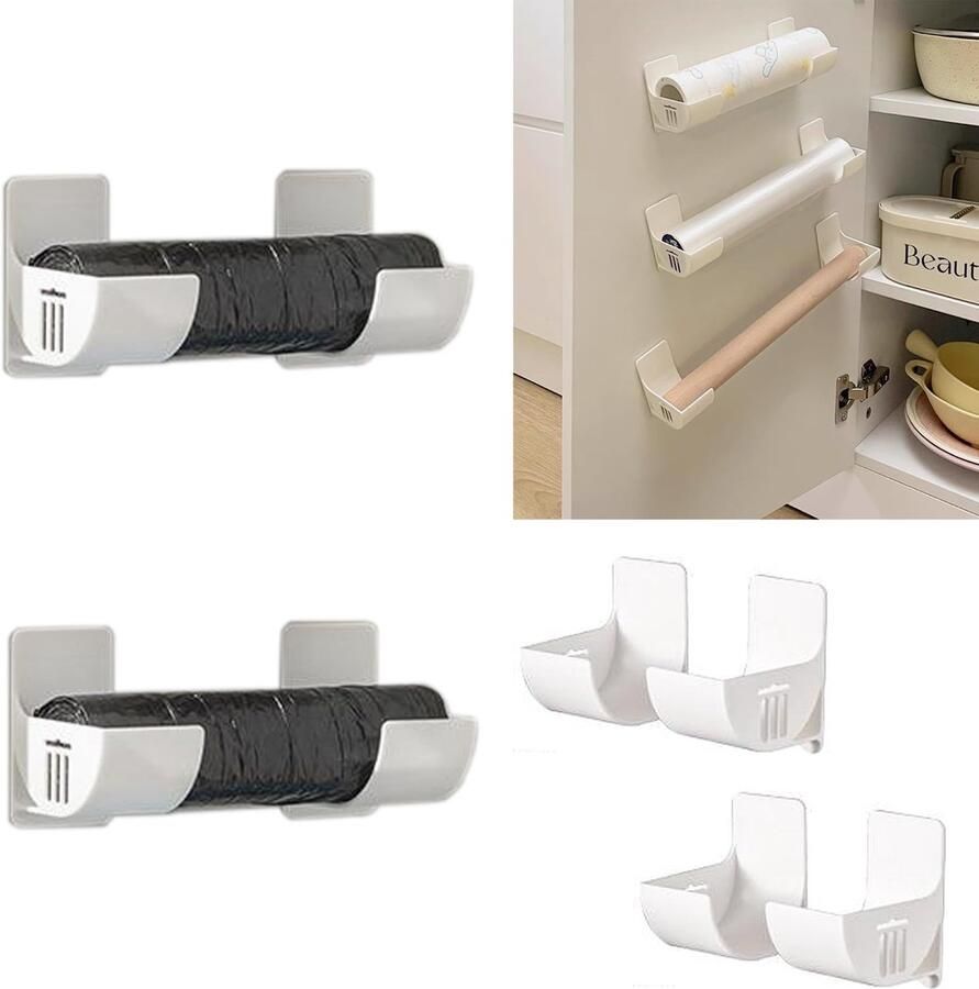 Inki Aluminiumfolie houder Kastdeur organizer Wandplank Zelfklevend 2 stuks Aluminiumfolie houder voor bakpapier aluminiumfolie bakpapier voorraadkastdeur wandgemonteerde vuilniszak organizer wit