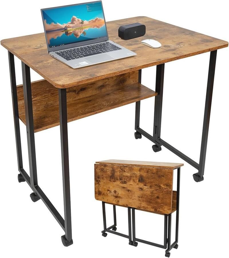Inklapbaar Bureau met Wieltjes Compact Klapbureau voor Thuis en Kantoor Donkerbruin 80 x 58 x 75 cm