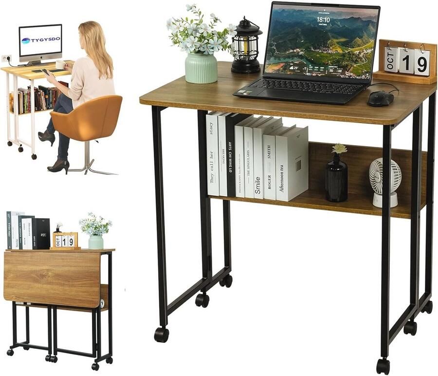 Inklapbaar Computertafel met Wieltjes Mobiele Bureau voor Thuiskantoor