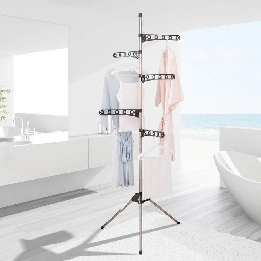 Inklapbaar Droogrek Staand Kapstok Kledingrek met 5 Arms Hanger in Hoogte Verstelbaar Grijs Ruimtebesparend voor Overhemden Jassen Opvouwbare kledingrek