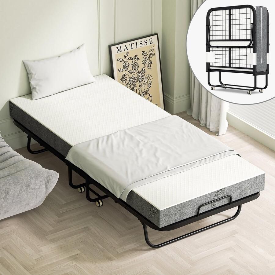 Inklapbaar eenpersoonsbed 90 x 200 cm met 13 cm dikke matras logeerbed met wieltjes en hoge draagkracht