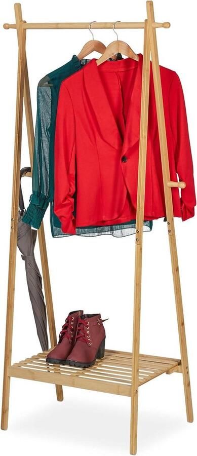 Inklapbaar kledingrek bamboe HBD 160 x 74 x 42 cm met kledingstang en vak 4 haken vrijstaand natuurlijke uitstraling kledingrek