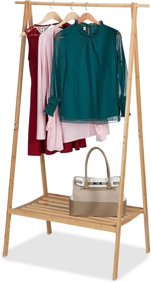 Inklapbaar kledingrek bamboe HBD: 170 x 100 x 565 cm met kledingstang en schoenenvak Opvouwbare kledingrek
