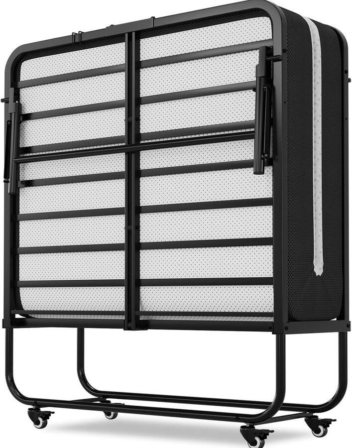 Inklapbaar logeerbed 90 x 200 cm met 10 cm dik schuim matras opklapbed voor volwassenen duurzaam en robuust metalen bedframe met 4 wieltjes opvouwbaar reisbed belastbaar tot 200 kg