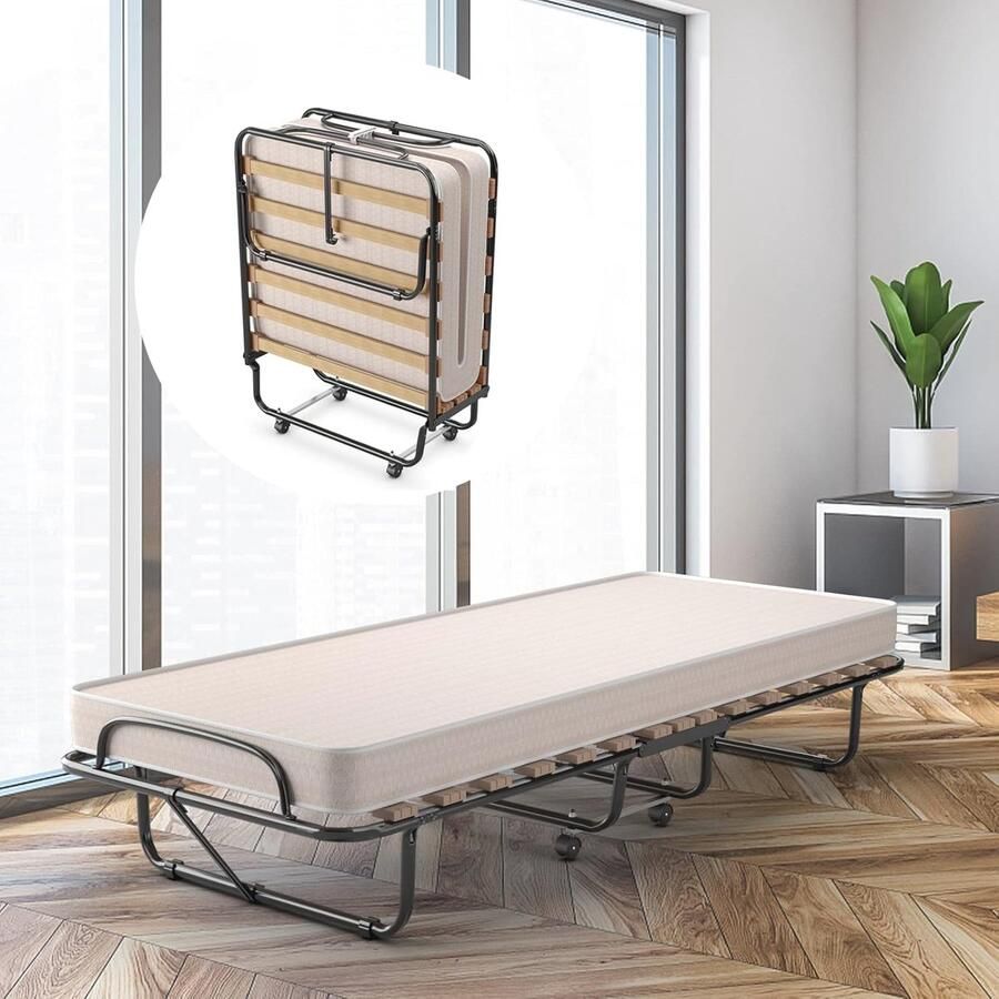 Inklapbaar logeerbed met traagschuim matras – 80 x 190 cm – Robuust opklapbed met wielen – Ideaal voor logeerkamer en kantoor