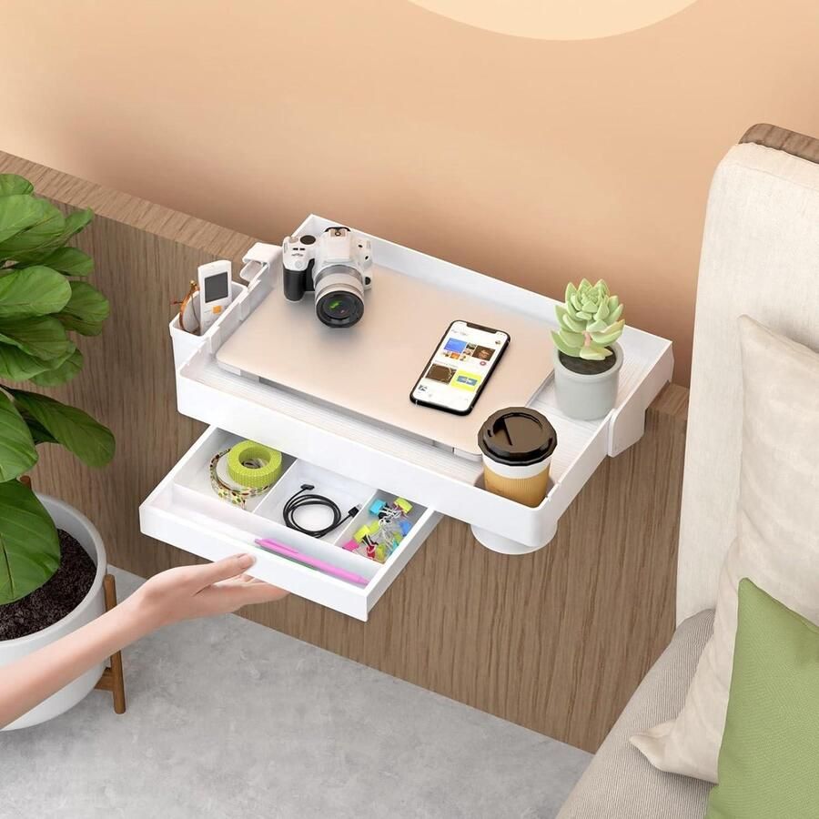 Inklapbaar nachtkastje bedplank met lade en bekerhouder wit 285 x 42 cm Beside shelf - Foto 2