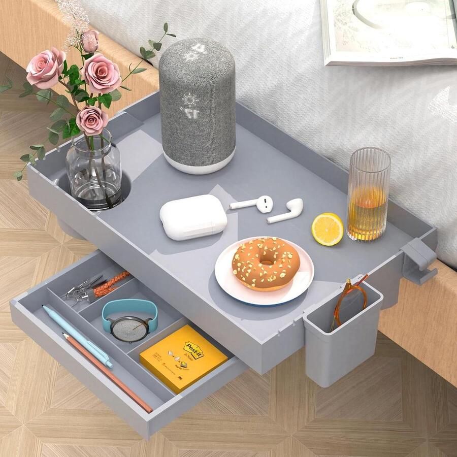 Inklapbaar nachtkastje bedplank stapelbedrog voor studentenhuis met lade en bekerhouder Grijs 245x375 cm Beside shelf - Foto 2