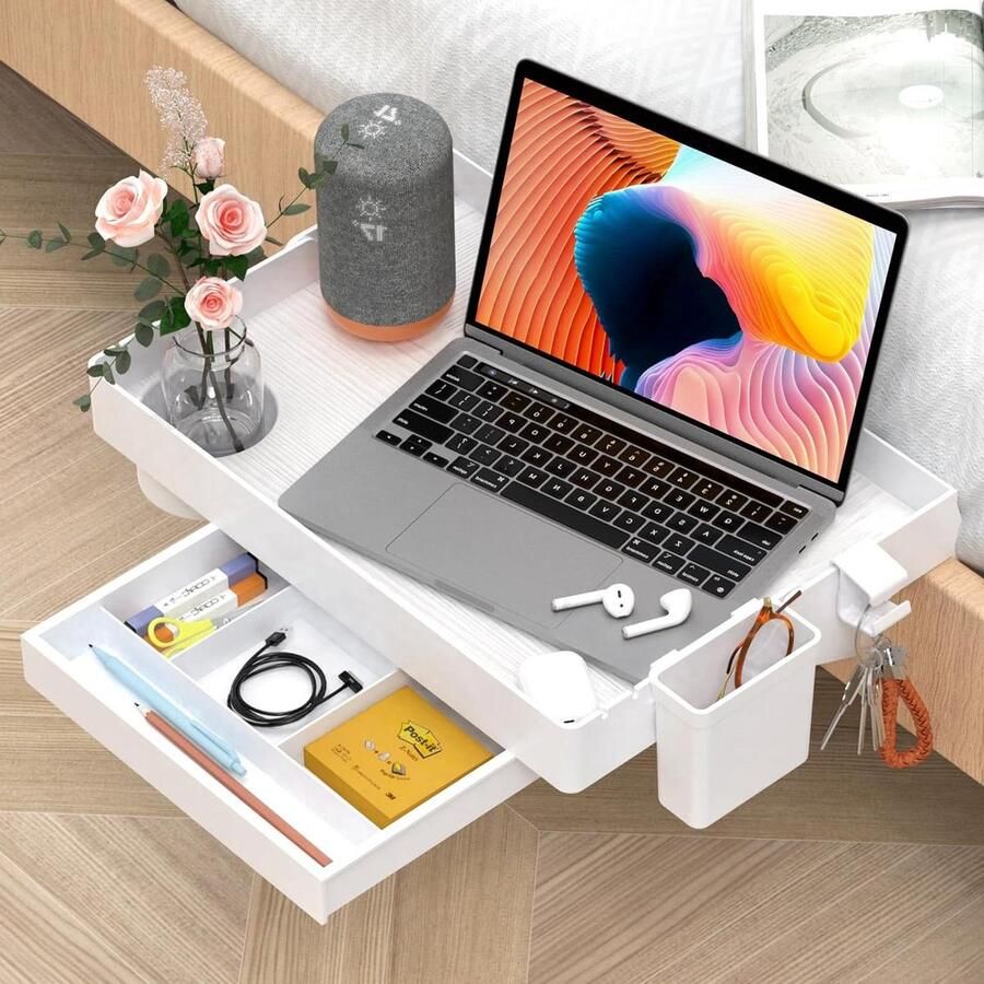 Inklapbaar nachtkastje met lade en bekerhouder 285 x 42 cm wit