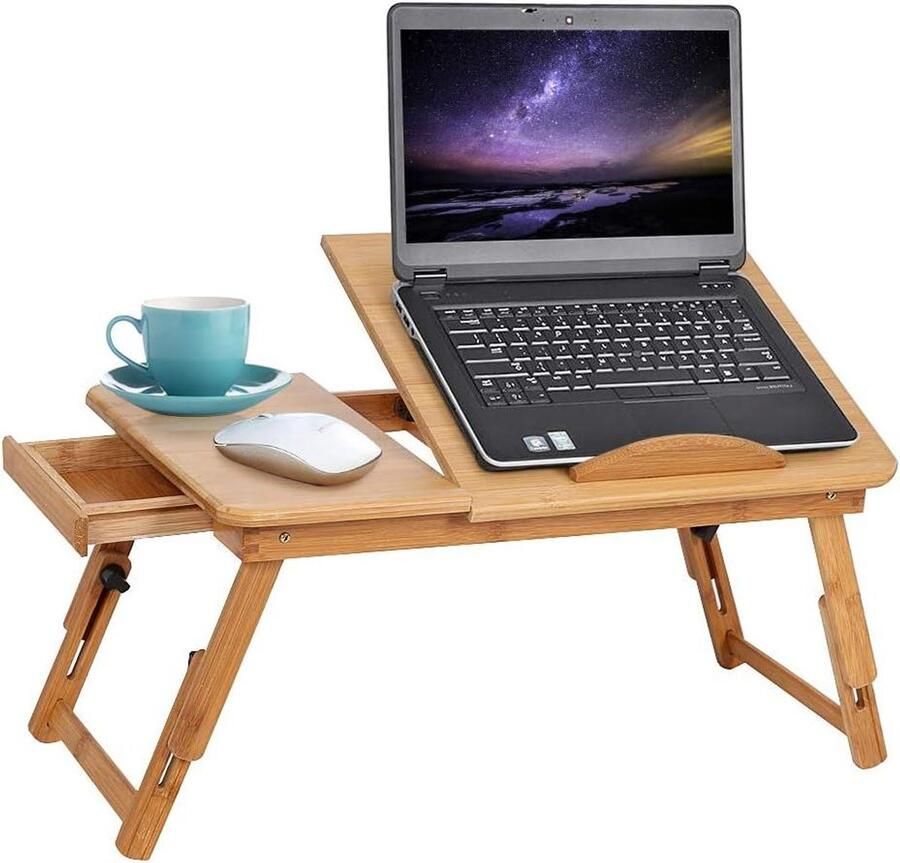Inklapbaar Ontbijtdienblad met Lade voor Bed Laptoptafel voor Bedtafel Houten Mini-tafel voor Bank Ideaal voor Lezen en Tekenen