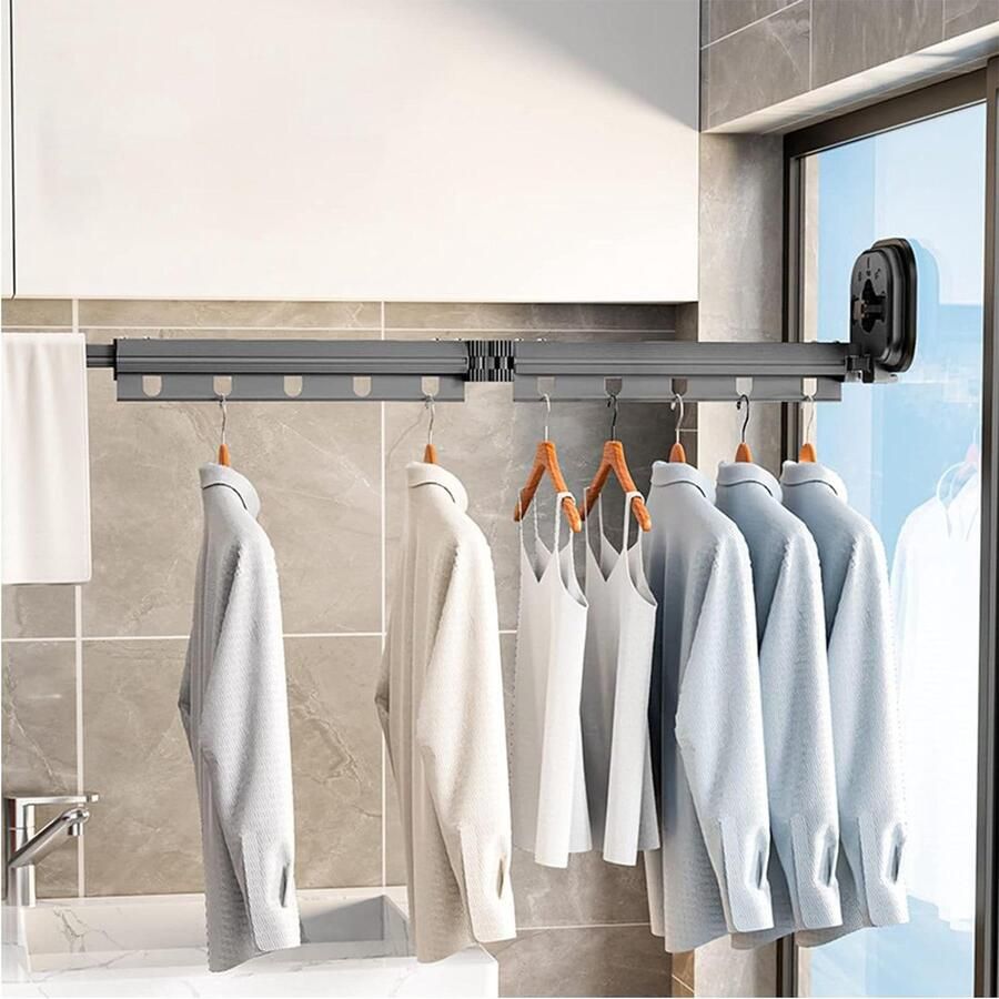 Inklapbaar Wasrek Intrekbaar Wandgemonteerde Kledingstandaard met Zuignap Ruimtebesparend met Handdoekhouder Voor Bijkeuken Slaapkamer Badkamer (3 Opvouwbare Rekken) Opvouwbare kledingrek