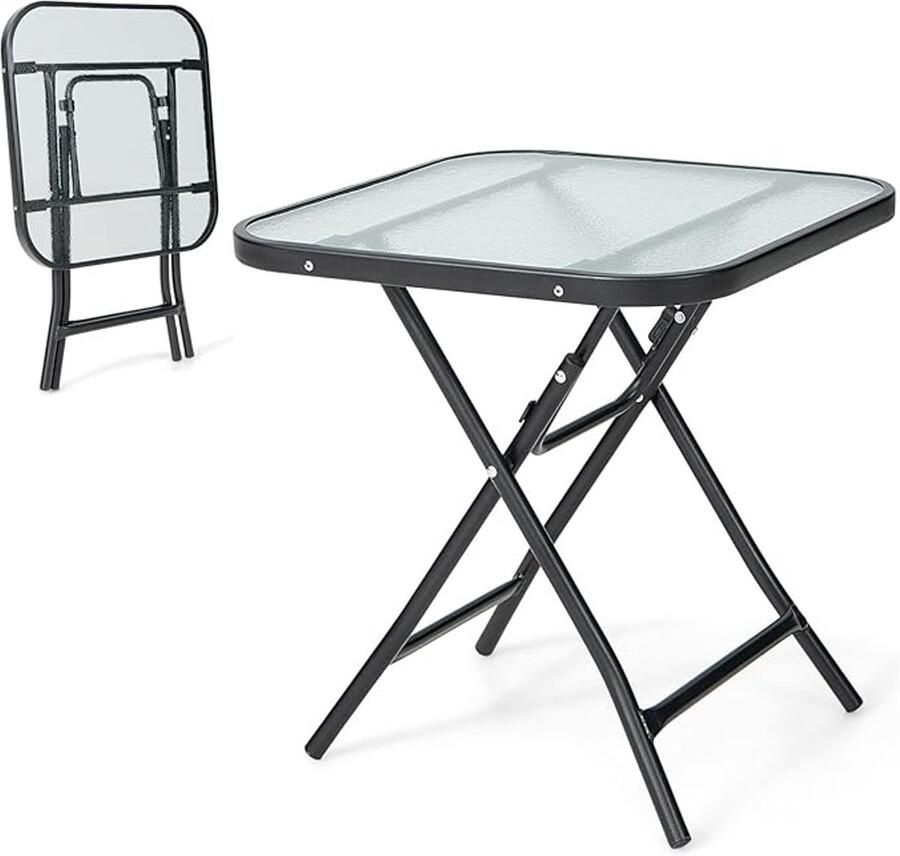 Inklapbare bijzettafel 46 5x46 5 cm Metaal & gehard glas Weerbestendig voor buiten