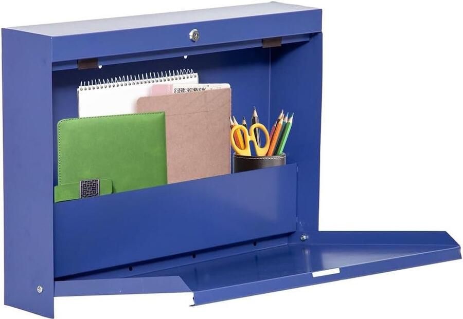 Inklapbare blauwe wandtafel met opbergvak ruimtebesparend en multifunctioneel klaptafel wandmontage