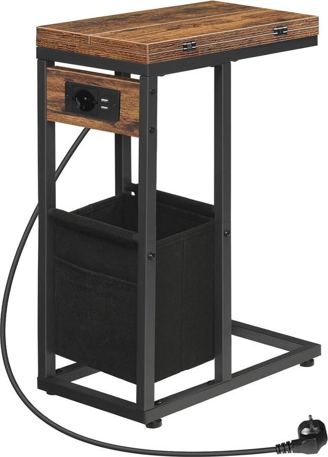 Inklapbare C-vormige Bijzettafel met Laadstation en USB-poorten Vintage Bruin en Zwart