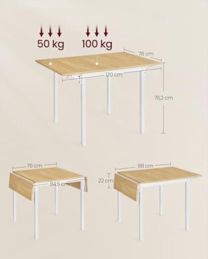 Inklapbare eettafel keukentafel uittrekbaar kantoor voor 2 tot 4 personen rechthoekig met kleppen voor kleine ruimtes kleur natuurlijk eiken en wolkenwit