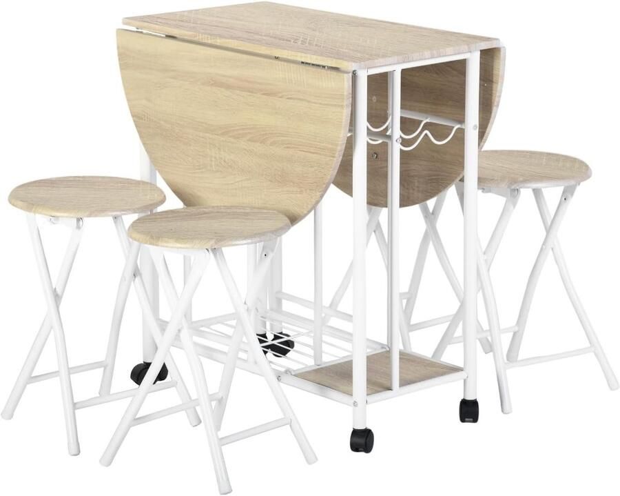 Inklapbare Eettafelset – Ronde Klaptafel met 4 Vouwbanken & Wijnglashouder Beuken WitEettafelset – Ronde Klaptafel met 4 Vouwbanken & Wijnglashouder Beuken Wit