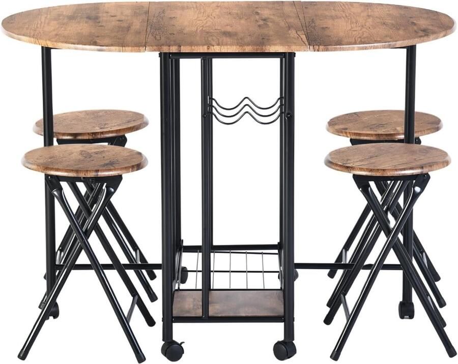 Inklapbare Eettafelset – Ronde Tafel met Wijnglashouder en 4 Klapbanken Bruin Zwart