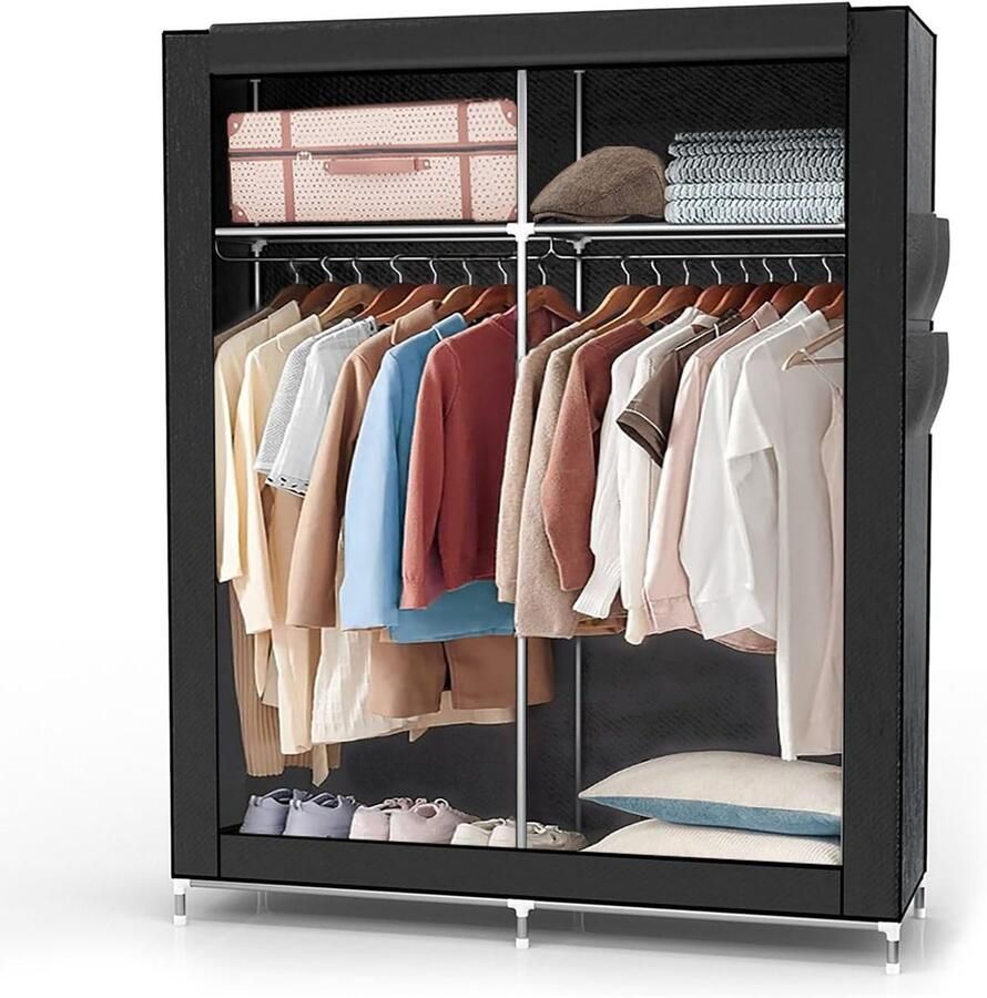 Inklapbare Garderobekast 108x170x45 cm Stoffen Kledingkast met Rits Kledingroede en Opbergruimte