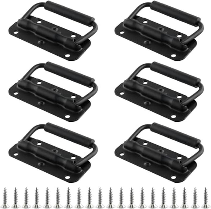 Inklapbare Kistgreep Set van 6 – Zwarte Metalen Handgrepen voor Gereedschapskisten en Boxen