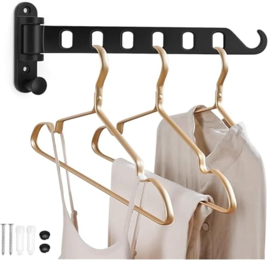 Inklapbare kledinghaak 6 gaten wandkledingstang zwart modern en eenvoudig 180 graden draaibaar kledingrek geschikt voor balkons badkamers bijkeuken slaapkamer