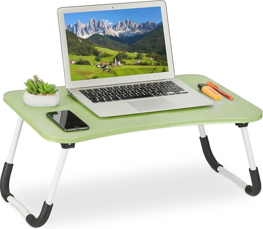 Inklapbare Laptoptafel voor Bed en Bank Comfortabel en Compact Groen MDF en Ijzer 26 x 63 x 40 cm
